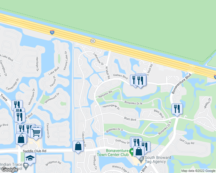map of restaurants, bars, coffee shops, grocery stores, and more near 300 Racquet Club Road in Weston