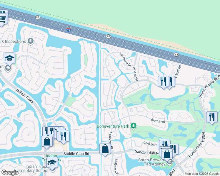 map of restaurants, bars, coffee shops, grocery stores, and more near 307 Lakeview Drive in Weston