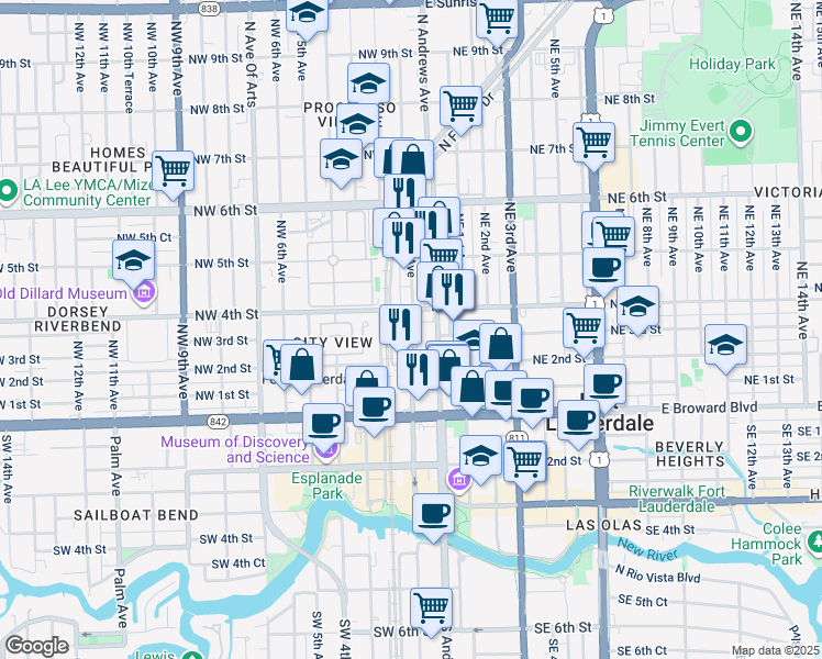 map of restaurants, bars, coffee shops, grocery stores, and more near 307 Northwest 1st Avenue in Fort Lauderdale