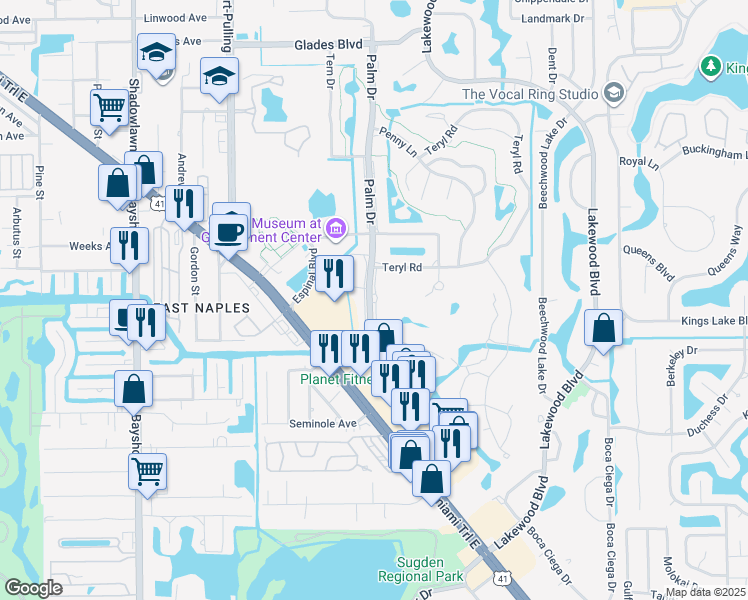 map of restaurants, bars, coffee shops, grocery stores, and more near 135 Palm Drive in Naples