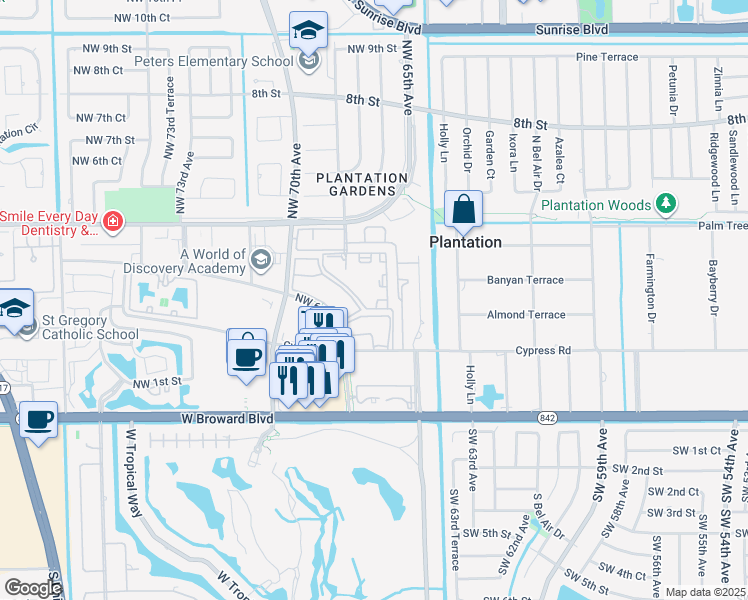 map of restaurants, bars, coffee shops, grocery stores, and more near 255 Northwest 68th Avenue in Plantation
