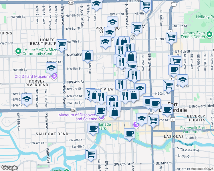 map of restaurants, bars, coffee shops, grocery stores, and more near 334 City View Drive in Fort Lauderdale