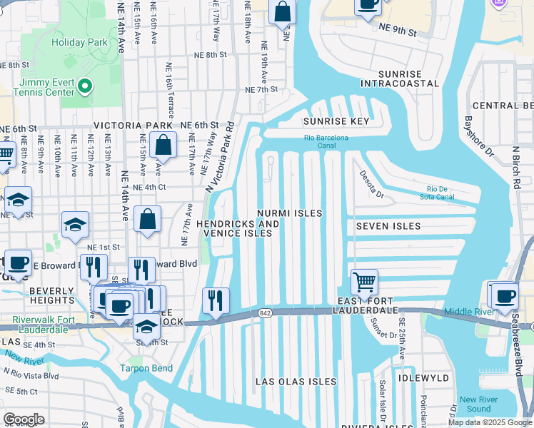 map of restaurants, bars, coffee shops, grocery stores, and more near 133 Isle of Venice Drive in Fort Lauderdale