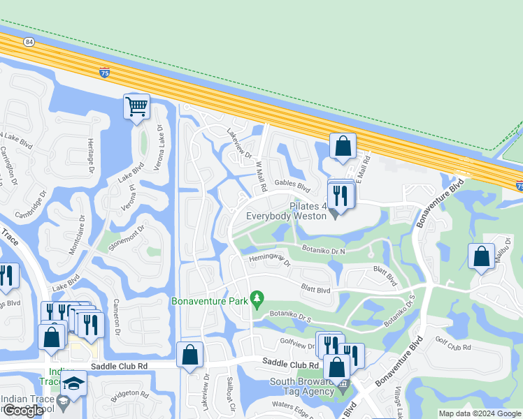 map of restaurants, bars, coffee shops, grocery stores, and more near 320 Racquet Club Road in Weston
