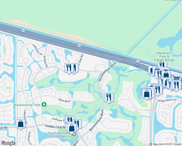 map of restaurants, bars, coffee shops, grocery stores, and more near 225 Riviera Circle in Weston