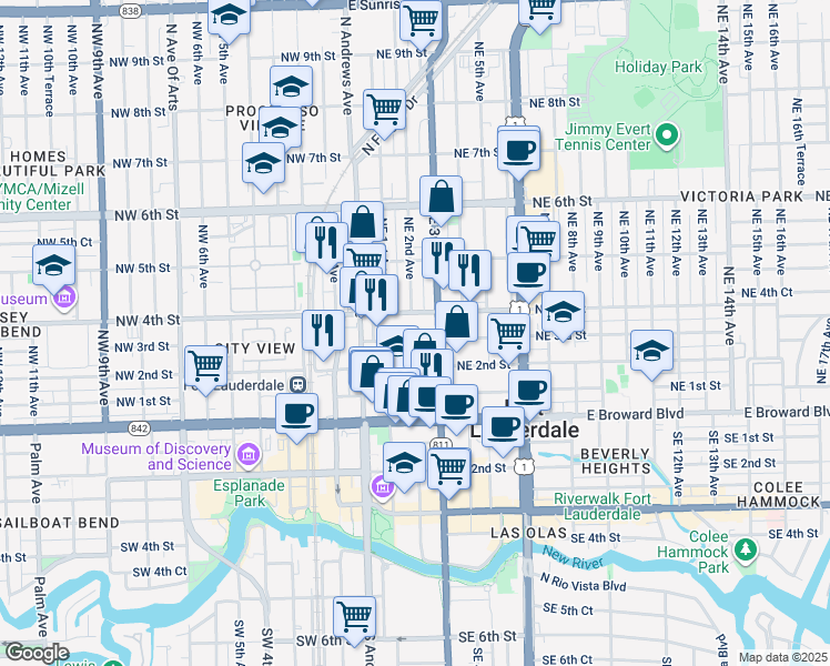 map of restaurants, bars, coffee shops, grocery stores, and more near 117 Northeast 3rd Street in Fort Lauderdale
