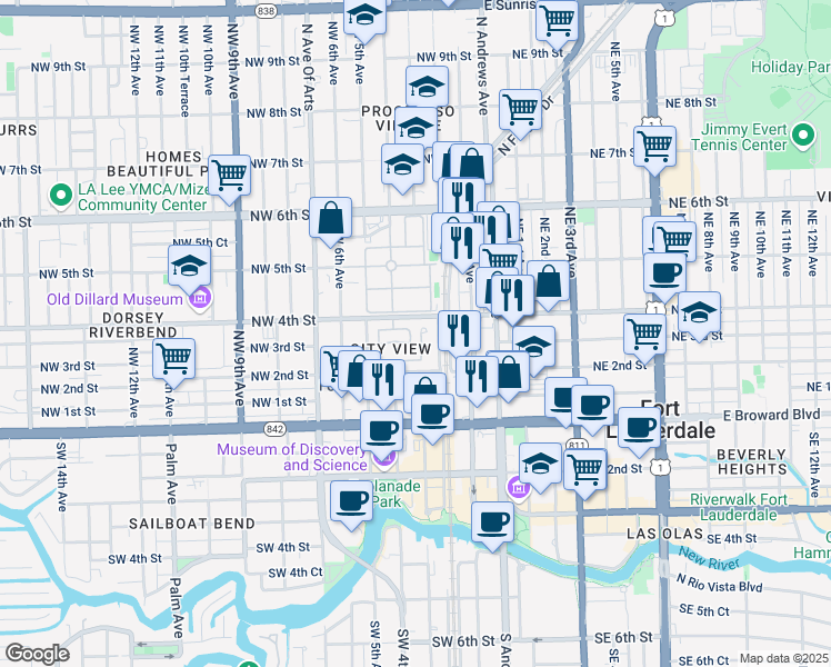 map of restaurants, bars, coffee shops, grocery stores, and more near 334 City View Drive in Fort Lauderdale