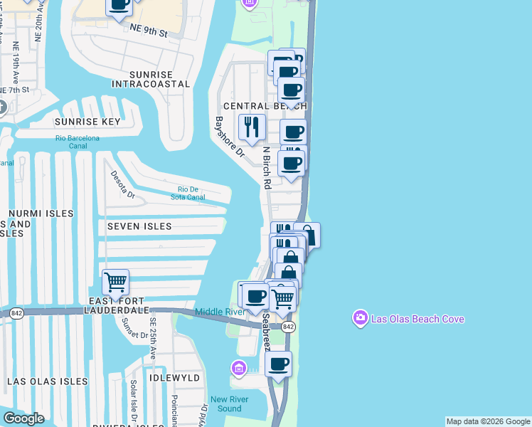 map of restaurants, bars, coffee shops, grocery stores, and more near 35 Seville Street in Fort Lauderdale
