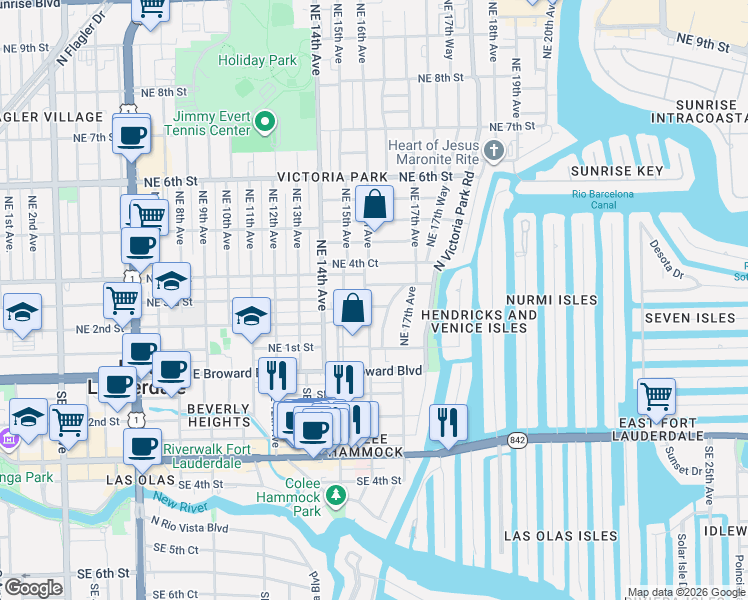 map of restaurants, bars, coffee shops, grocery stores, and more near 1619 Northeast 2nd Court in Fort Lauderdale