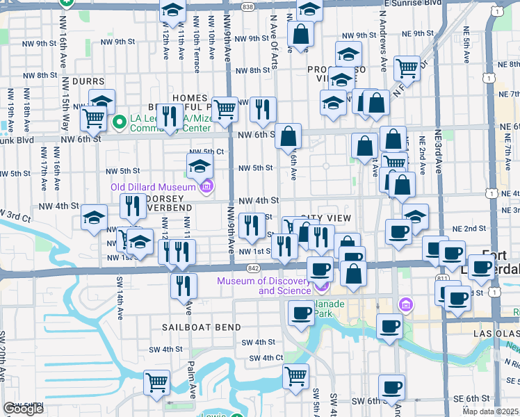 map of restaurants, bars, coffee shops, grocery stores, and more near 801 Northwest 3rd Street in Fort Lauderdale