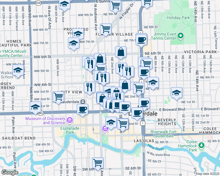 map of restaurants, bars, coffee shops, grocery stores, and more near 117 Northeast 3rd Street in Fort Lauderdale