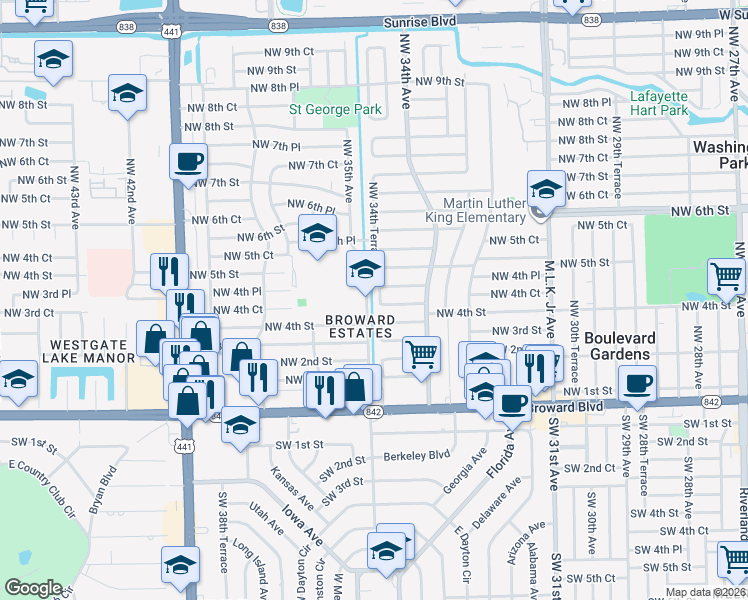 map of restaurants, bars, coffee shops, grocery stores, and more near 3491 Northwest 4th Street in Fort Lauderdale
