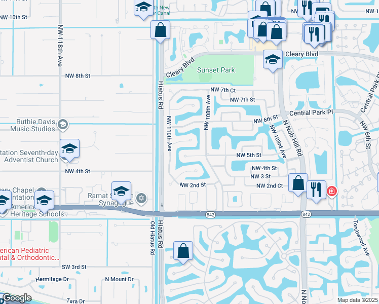 map of restaurants, bars, coffee shops, grocery stores, and more near 10857 Northwest 5th Street in Plantation