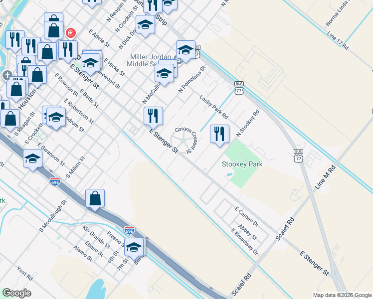 map of restaurants, bars, coffee shops, grocery stores, and more near 276 Corona Cresent Street in San Benito
