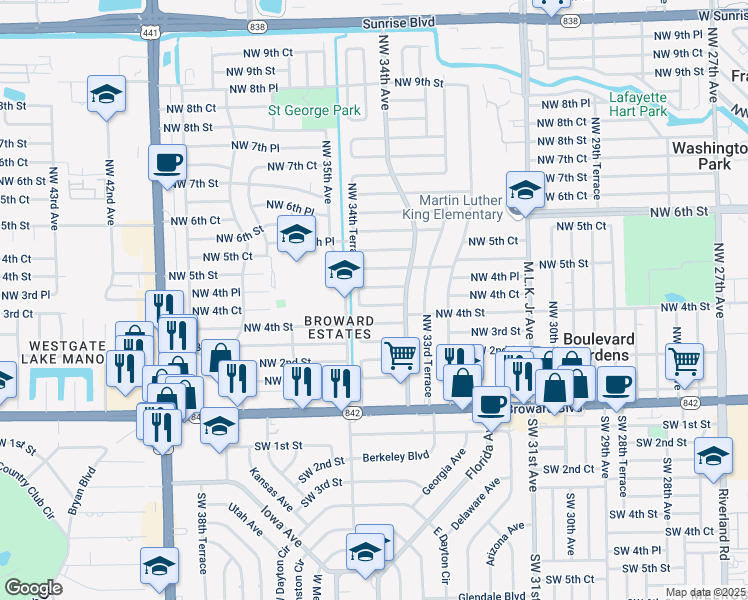 map of restaurants, bars, coffee shops, grocery stores, and more near 3461 Northwest 4th Street in Fort Lauderdale