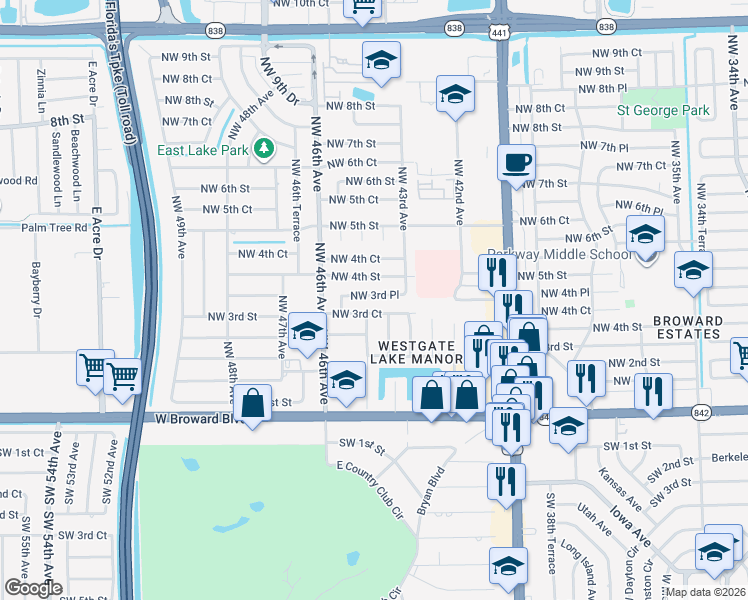 map of restaurants, bars, coffee shops, grocery stores, and more near 4440 Northwest 3rd Place in Plantation