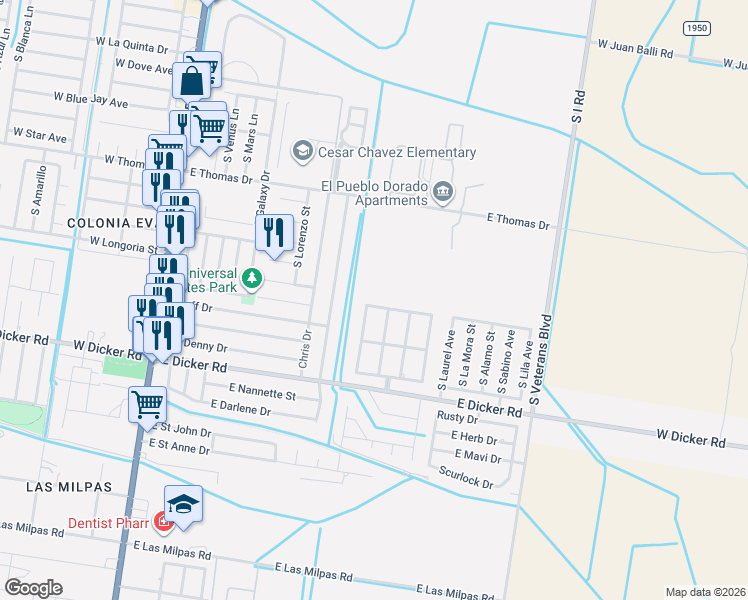 map of restaurants, bars, coffee shops, grocery stores, and more near 501 East Santa Monica Street in Pharr