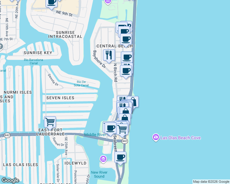map of restaurants, bars, coffee shops, grocery stores, and more near 35 Seville Street in Fort Lauderdale