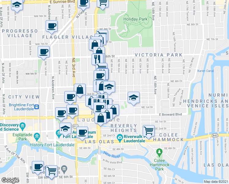 map of restaurants, bars, coffee shops, grocery stores, and more near 817 Northeast 3rd Street in Fort Lauderdale