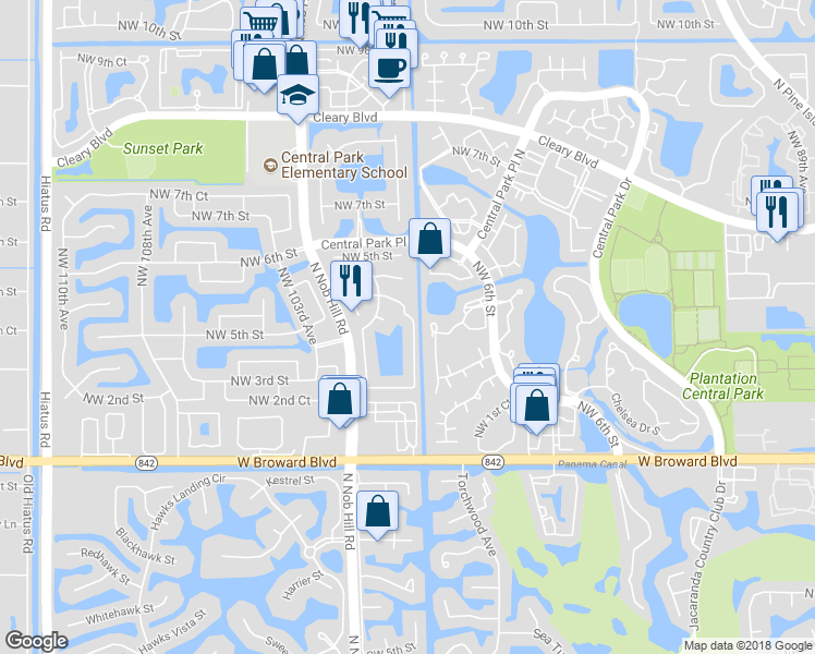 map of restaurants, bars, coffee shops, grocery stores, and more near 291 Northwest 100th Avenue in Plantation