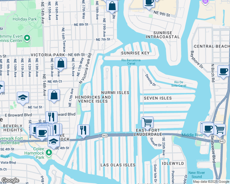 map of restaurants, bars, coffee shops, grocery stores, and more near 121 Northeast 20th Avenue in Fort Lauderdale