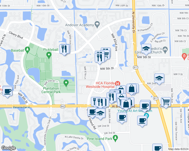 map of restaurants, bars, coffee shops, grocery stores, and more near 469 North Pine Island Road in Plantation