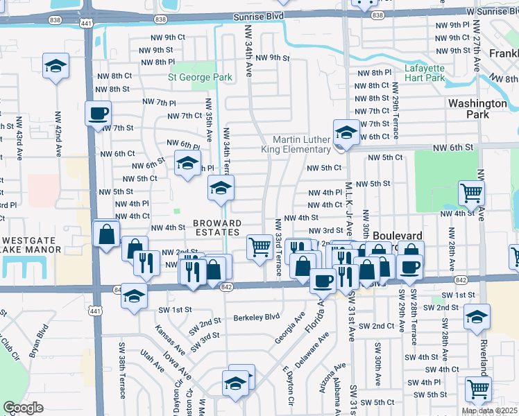 map of restaurants, bars, coffee shops, grocery stores, and more near 3401 Northwest 4th Street in Fort Lauderdale