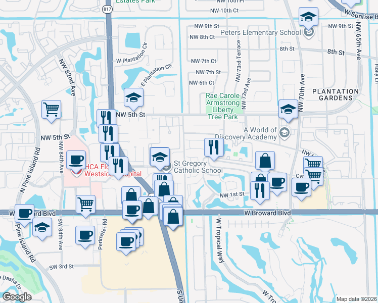 map of restaurants, bars, coffee shops, grocery stores, and more near 7578 Northwest 3rd Street in Plantation