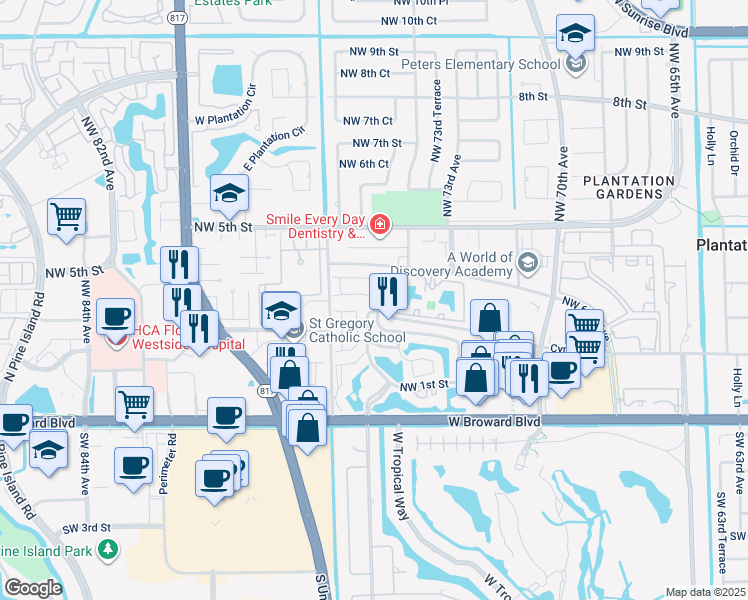 map of restaurants, bars, coffee shops, grocery stores, and more near 283 Northwest 74th Way in Plantation
