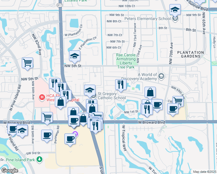 map of restaurants, bars, coffee shops, grocery stores, and more near 7560 Northwest 3rd Street in Plantation