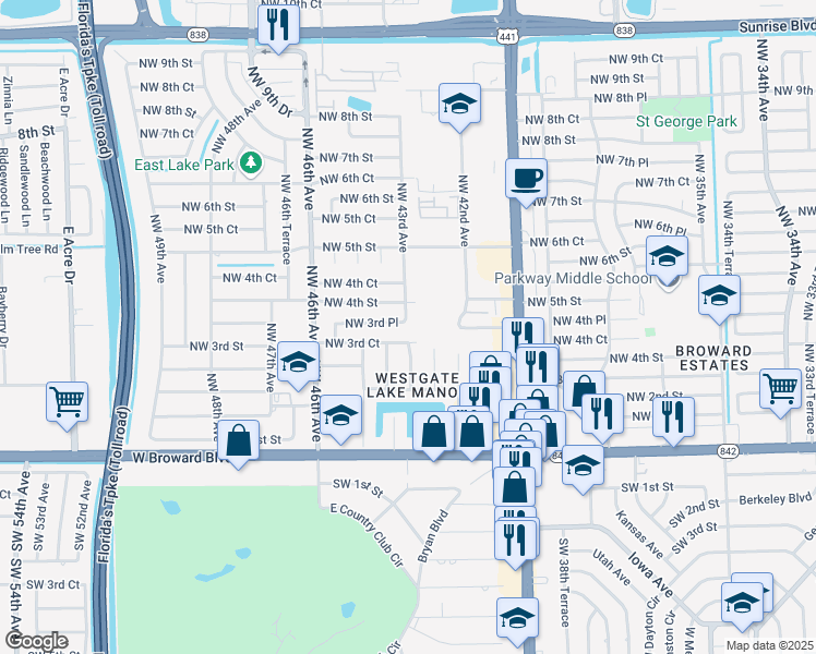 map of restaurants, bars, coffee shops, grocery stores, and more near 4300 Northwest 3rd Place in Plantation