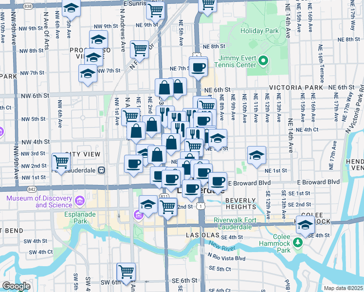 map of restaurants, bars, coffee shops, grocery stores, and more near 425 Northeast 3rd Street in Fort Lauderdale