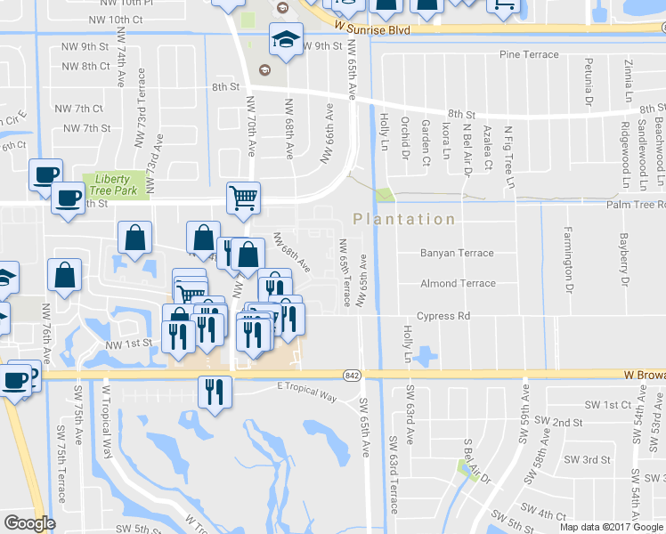map of restaurants, bars, coffee shops, grocery stores, and more near 255 Northwest 68th Avenue in Plantation