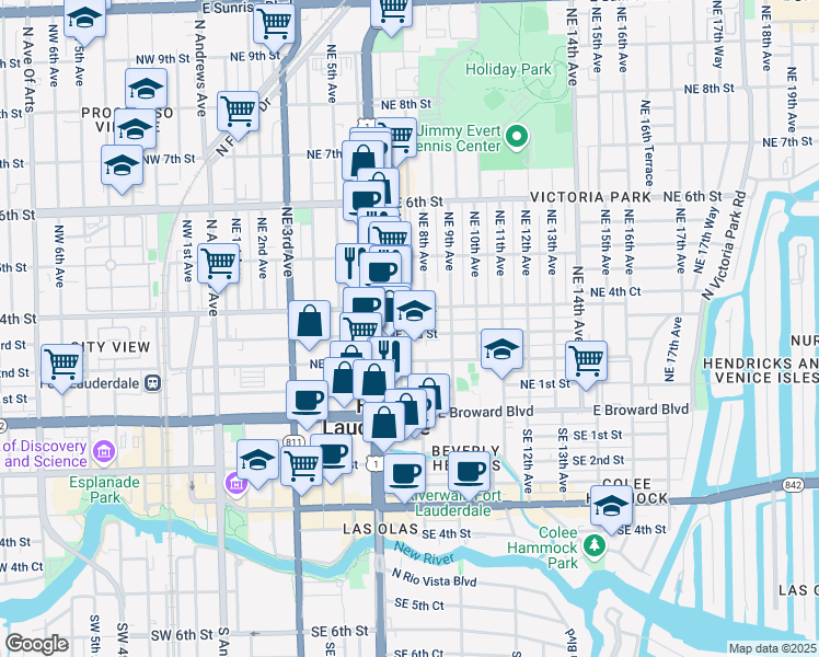map of restaurants, bars, coffee shops, grocery stores, and more near 304 Northeast 7th Avenue in Fort Lauderdale