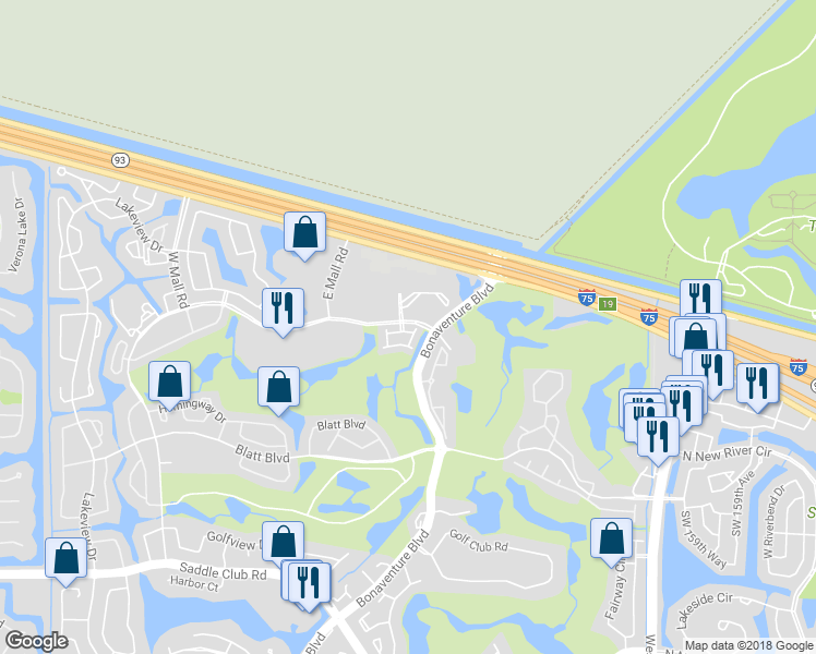 map of restaurants, bars, coffee shops, grocery stores, and more near 105 Riviera Circle in Weston