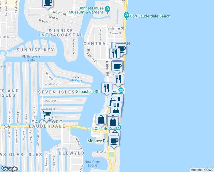 map of restaurants, bars, coffee shops, grocery stores, and more near 35 Seville Street in Fort Lauderdale