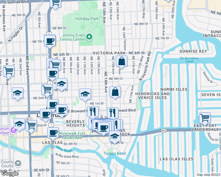 map of restaurants, bars, coffee shops, grocery stores, and more near 301 Northeast 15th Avenue in Fort Lauderdale