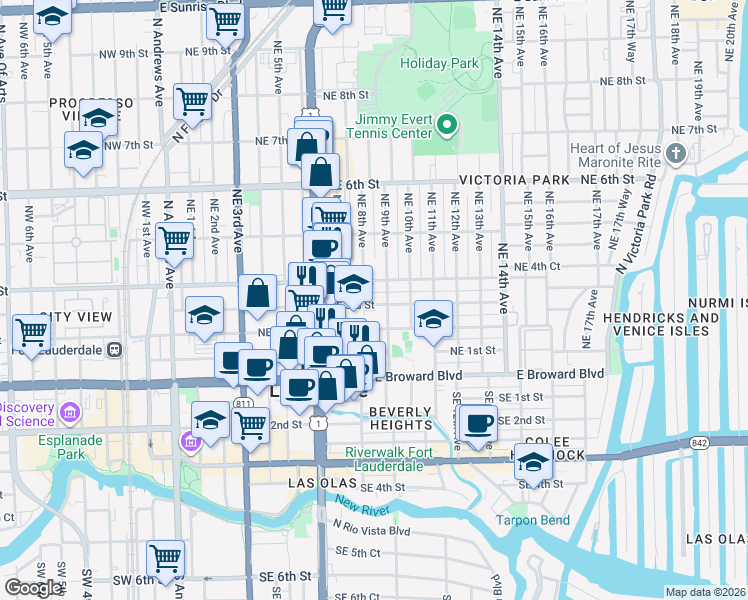 map of restaurants, bars, coffee shops, grocery stores, and more near 817 Northeast 3rd Street in Fort Lauderdale