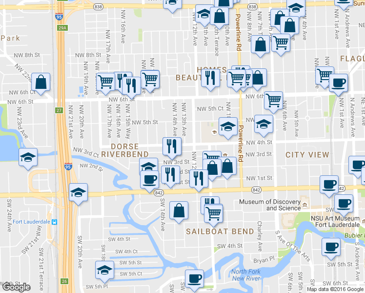 map of restaurants, bars, coffee shops, grocery stores, and more near 1300 Northwest 4th Street in Fort Lauderdale