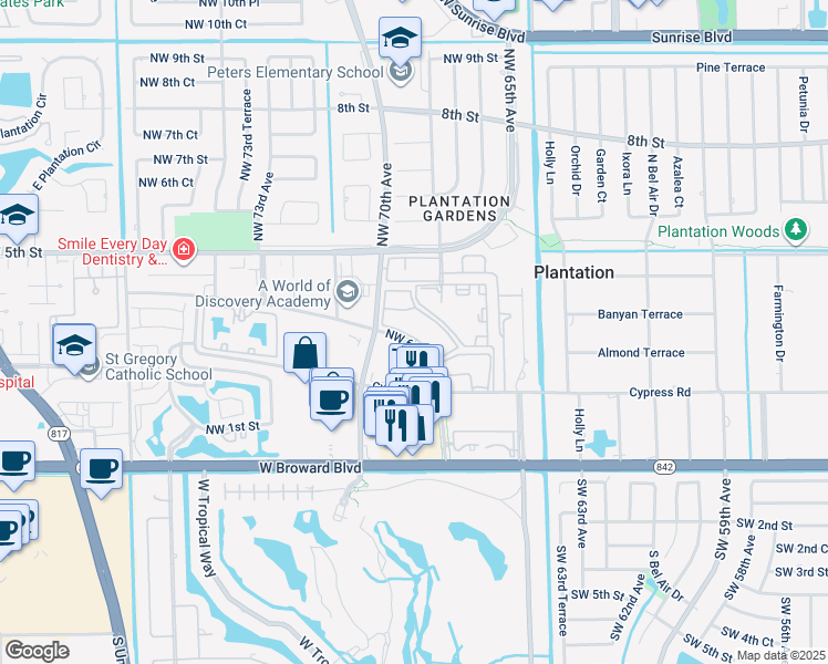 map of restaurants, bars, coffee shops, grocery stores, and more near 360 Northwest 69th Avenue in Plantation
