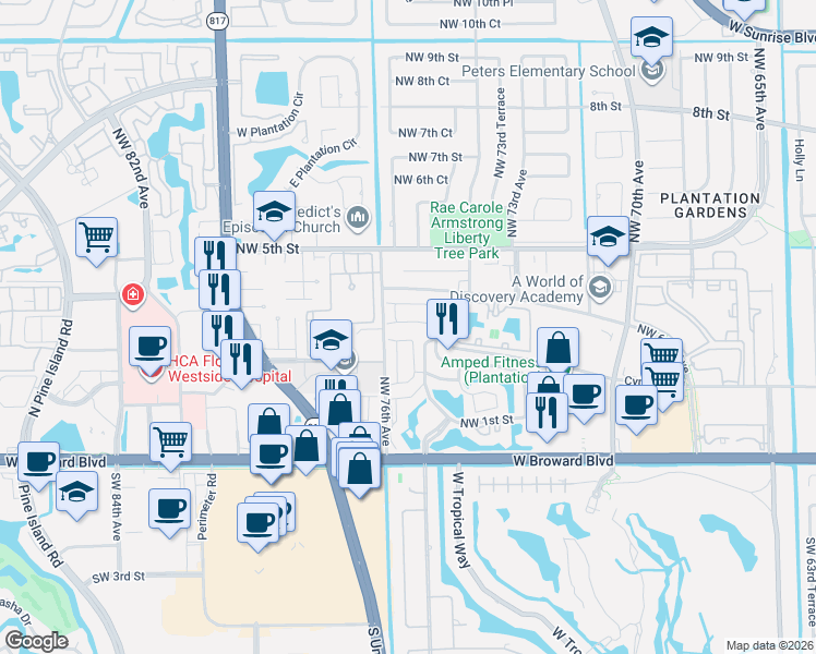 map of restaurants, bars, coffee shops, grocery stores, and more near 7578 Northwest 3rd Street in Plantation
