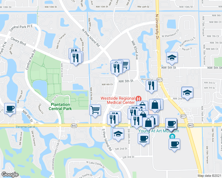map of restaurants, bars, coffee shops, grocery stores, and more near 485 North Pine Island Road in Plantation