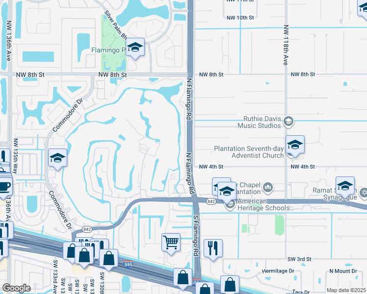 map of restaurants, bars, coffee shops, grocery stores, and more near 316 North Flamingo Road in Sunrise