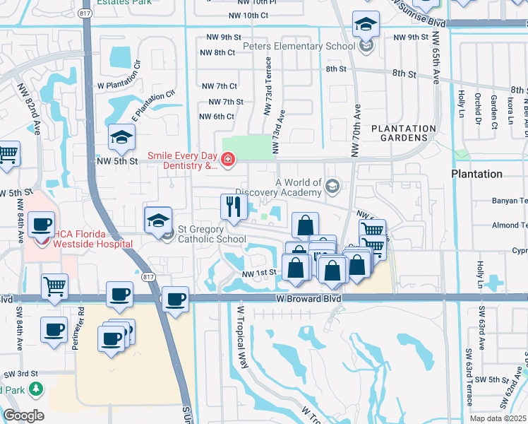 map of restaurants, bars, coffee shops, grocery stores, and more near 7400 Northwest 4th Street in Plantation