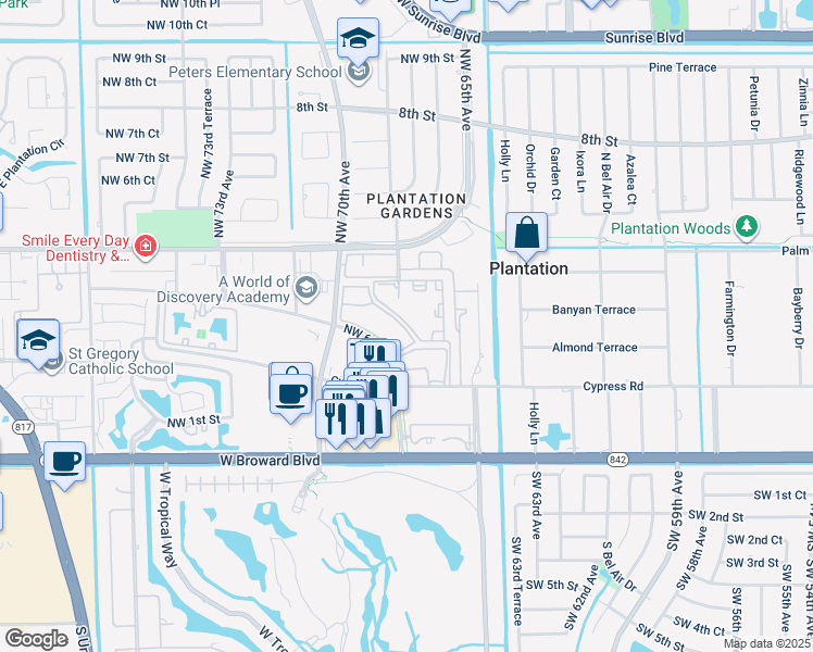 map of restaurants, bars, coffee shops, grocery stores, and more near 355 Northwest 68th Avenue in Plantation
