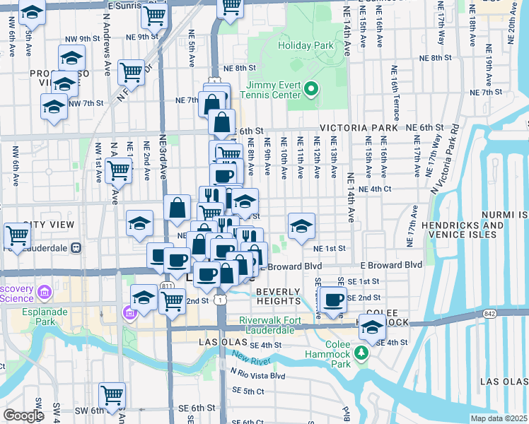 map of restaurants, bars, coffee shops, grocery stores, and more near 817 Northeast 3rd Street in Fort Lauderdale
