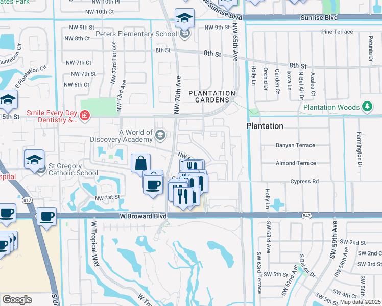 map of restaurants, bars, coffee shops, grocery stores, and more near 360 Northwest 69th Avenue in Plantation