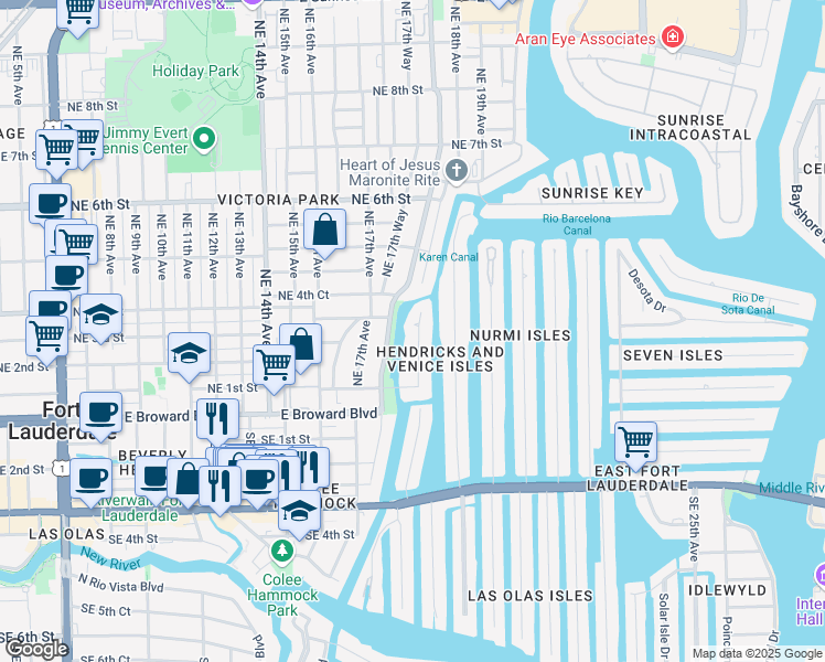 map of restaurants, bars, coffee shops, grocery stores, and more near 225 North Gordon Road in Fort Lauderdale