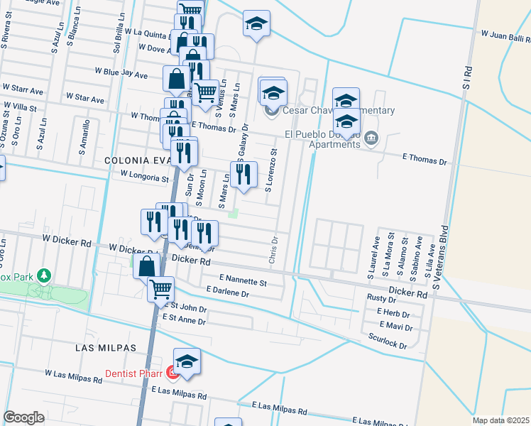map of restaurants, bars, coffee shops, grocery stores, and more near 341 Jean Drive in Pharr