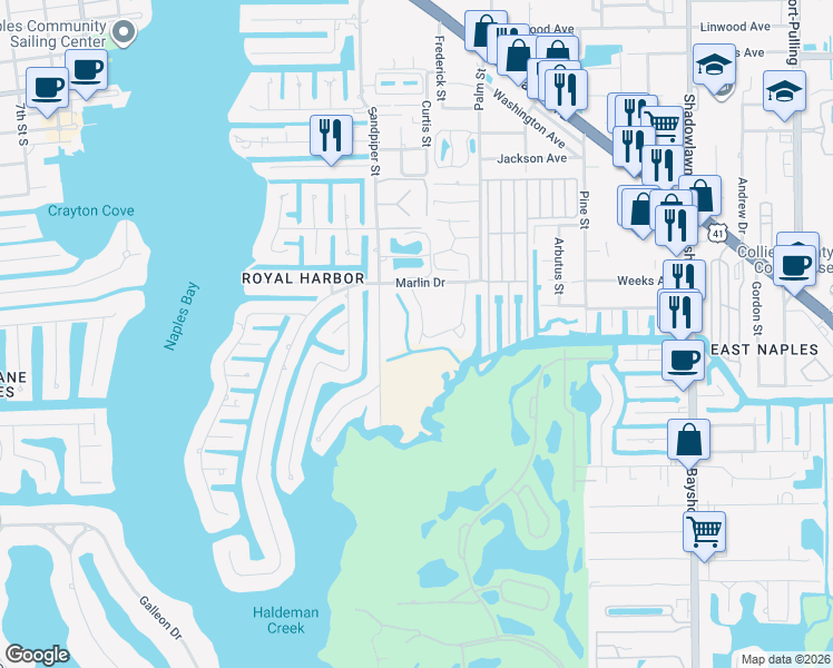 map of restaurants, bars, coffee shops, grocery stores, and more near 3021 Sandpiper Bay Circle in Naples